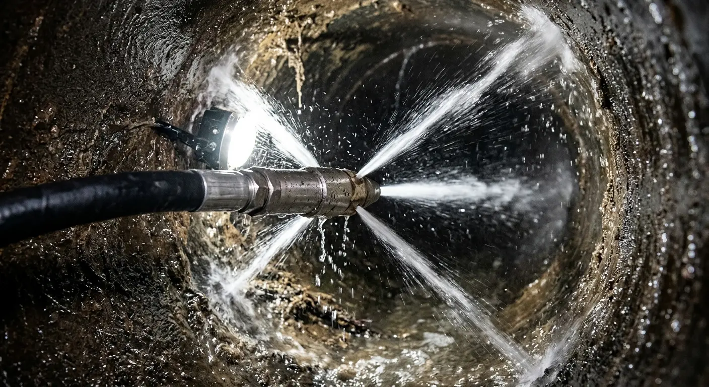 High-pressure hydro jetting nozzle cleaning sewer pipe for Sewer Cleanout in Pavilion
