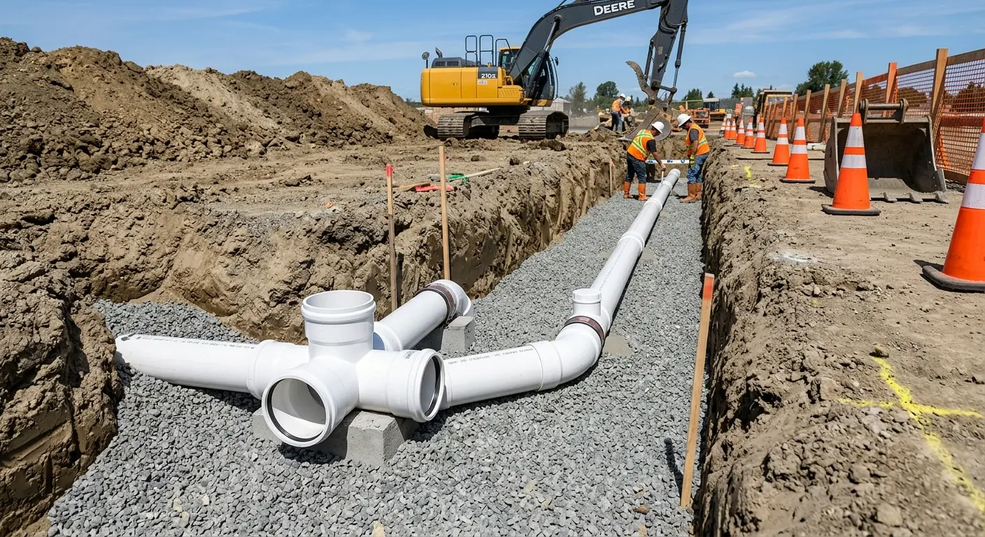 New PVC sewer pipe installation in open trench for Commercial Drain Cleaning in Pavilion