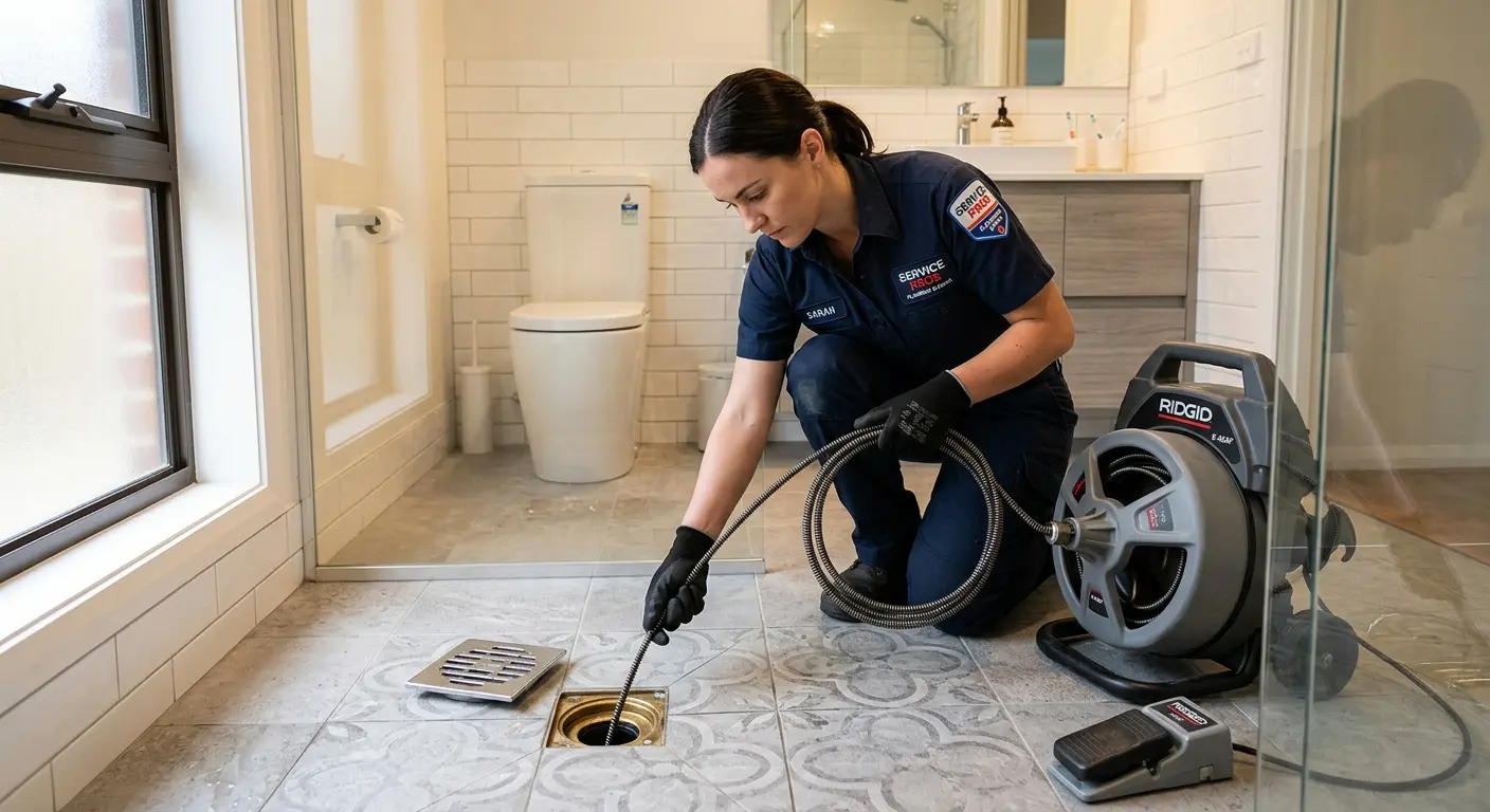 Technician clearing a bathroom floor drain for Hydro Jetting in Pavilion